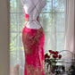 Rose red suspender waist slim backless design hip-hugging maxi dress, prom dress R5425