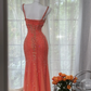 Orange-red halter-neck rhinestone-embellished fitted bodycon long ball gown R7610