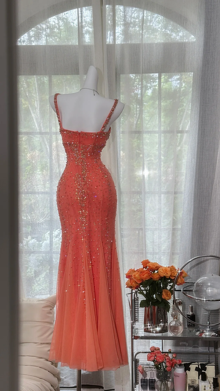 Orange-red halter-neck rhinestone-embellished fitted bodycon long ball gown R7610