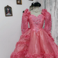 Pink square-neck fitted waist ball gown with a full skirt, bridal dress R7247