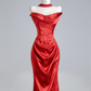 Red strapless satin fitted long ball gown R8148