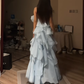 Light blue halter neck puffy cake backless sexy long ball gown R8084