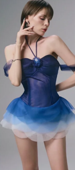 Blue halter neck tube top waist slim fit sexy gradient skirt short skirt homecoming dress R4555