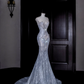 Light blue sequined slim waist fishtail maxi skirt, prom dress R5624