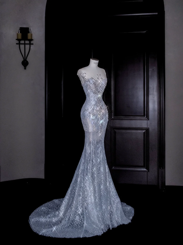 Light blue sequined slim waist fishtail maxi skirt, prom dress R5624