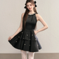 Black sleeveless slim waist A-line short skirt homecoming dress R5404