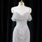 Silver off-the-shoulder halter-neck fitted long ball gown, bridal dress R8951