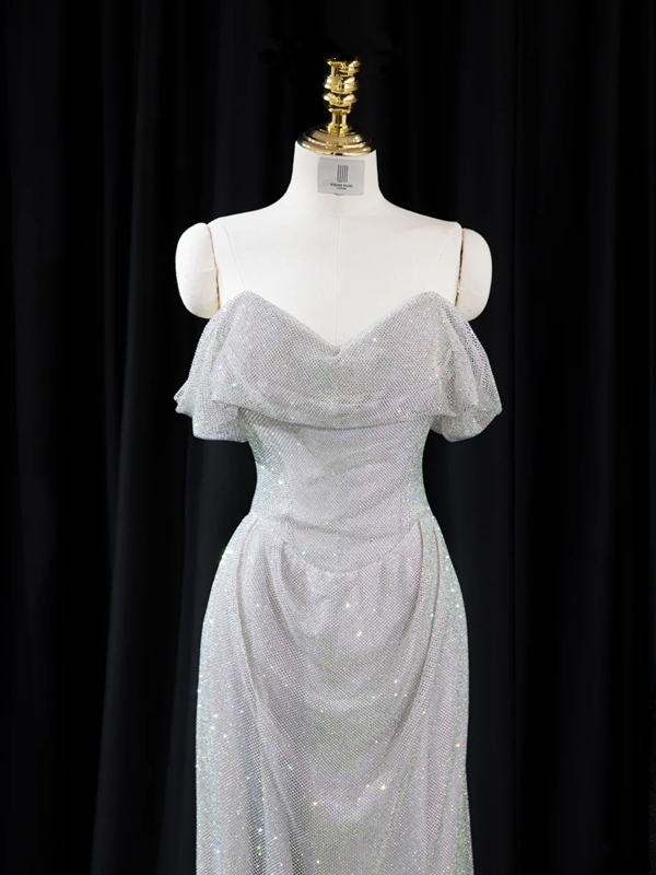 Silver off-the-shoulder halter-neck fitted long ball gown, bridal dress R8951