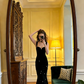 Black halter-neck fitted bodycon long ball gown R8587