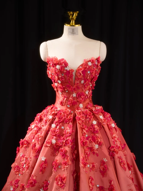 Red strapless, fitted waist, full skirt, long ball gown, bridal dress R8921