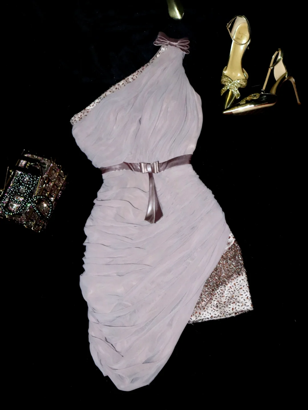 Light purple one-shoulder fitted waist bodycon short prom dress R6974