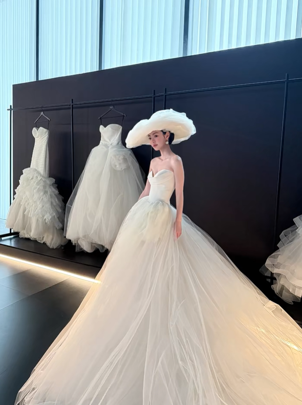 White tube top slim waist tulle skirt long dress bridal dress R6056