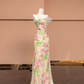 Apricot-colored delicate floral print halter-neck slim-fit elegant ball gown/bridal dress R8490