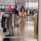 Light brown spaghetti strap waist-cinching slim-fit bodycon prom dress R7921