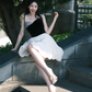Black top asymmetrical tube top design white bud skirt short skirt homecoming dress R4192