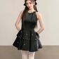 Black sleeveless slim waist A-line short skirt homecoming dress R5404