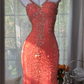 Orange-red halter-neck rhinestone-embellished fitted bodycon long ball gown R7610