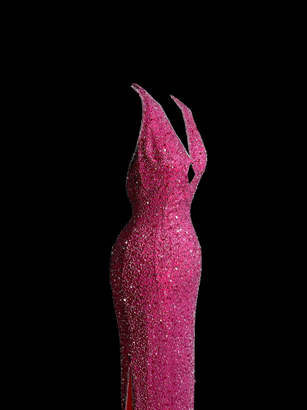 Pink halter-neck beaded fitted waist bodycon long ball gown R6615