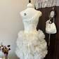 White asymmetrical neckline waist design cake skirt short skirt homecoming dress R4273