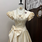 Champagne color square neck puff sleeve waist slim fit pleated elegant long skirt homecoming dress R4312