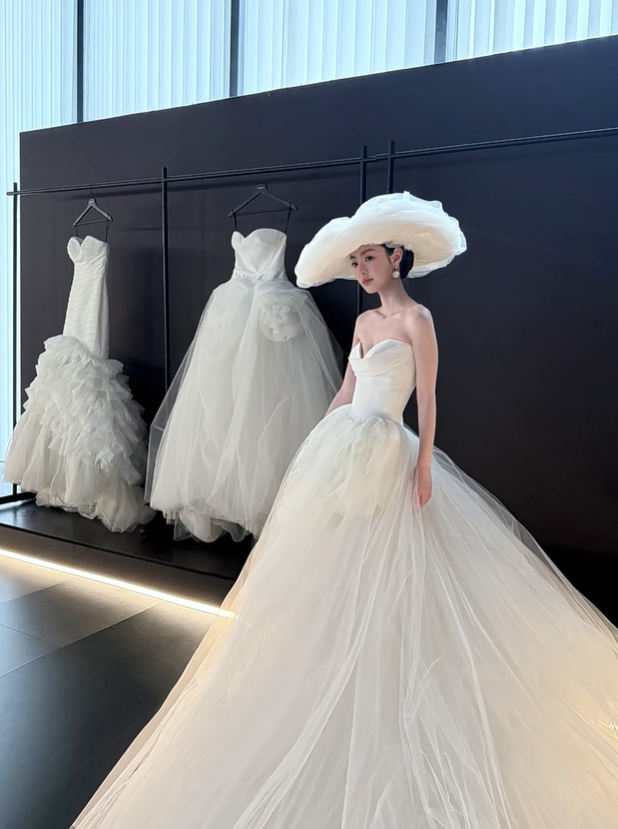 White tube top slim waist tulle skirt long dress bridal dress R6056