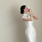 White Chinese-style, waist-cinched, slim-fit, elegant prom dress R7961