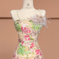 Apricot-colored delicate floral print halter-neck slim-fit elegant ball gown/bridal dress R8490
