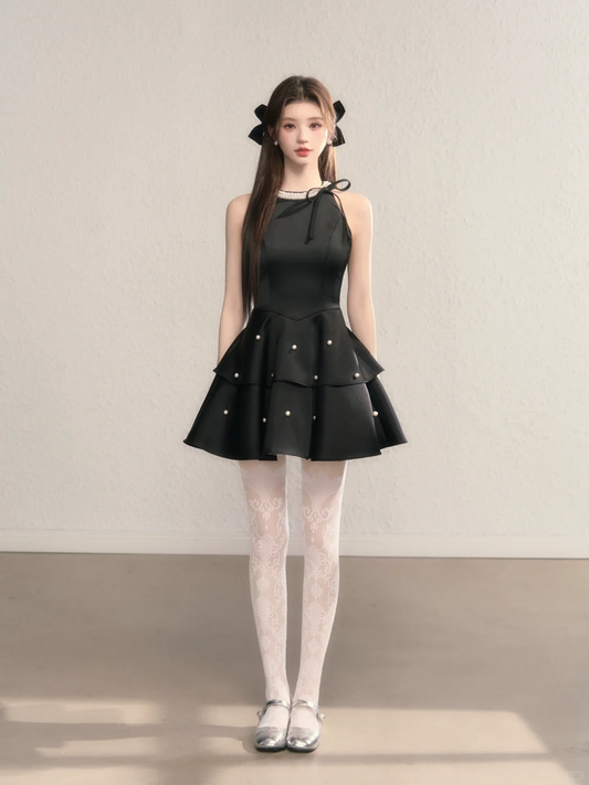 Black sleeveless slim waist A-line short skirt homecoming dress R5404