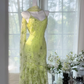 Light green floral print halter-neck fitted long ball gown R7649