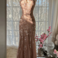 Champagne pink halter-neck fitted bodycon sexy long ball gown R7690