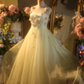 Light yellow halter-neck fitted floral fairy long dress, ball gown, bridal gown R7267