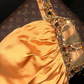 Gold satin one-shoulder fitted waist elegant long ball gown R6854