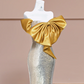 Gold bow neckline, silver sequined, fitted waist, bodycon long ball gown R8376