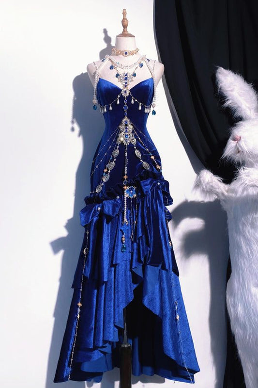 Dark blue suspender waist slim irregular design long skirt, prom dress R5298