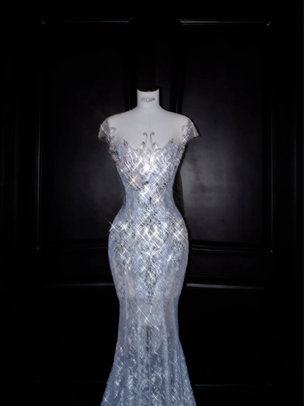 Light blue sequined slim waist fishtail maxi skirt, prom dress R5624