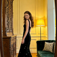 Black halter-neck fitted bodycon long ball gown R8587