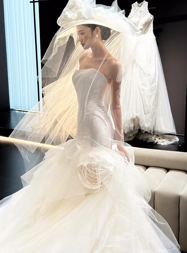 White tube top waist hip sexy fishtail skirt long dress bridal dress R6036