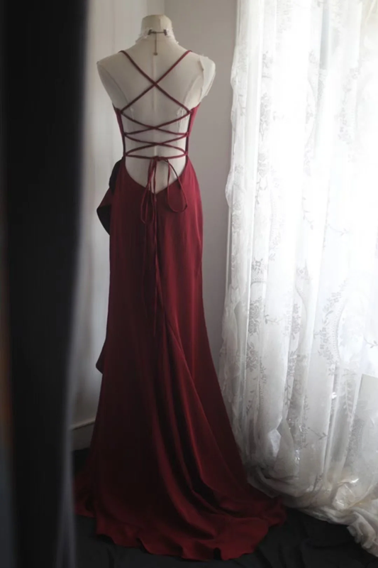 Red halter-neck fitted backless sexy long ball gown R6695