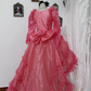 Pink square-neck fitted waist ball gown with a full skirt, bridal dress R7247