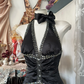 Black halter neck satin waist slim retro hip fishtail maxi ball gown R6216