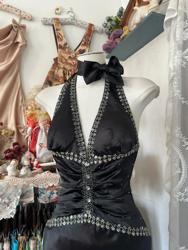 Black halter neck satin waist slim retro hip fishtail maxi ball gown R6216