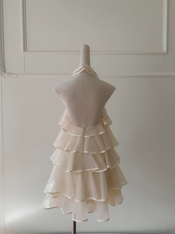Champagne color halter neck straight cake cute short skirt homecoming dress R5003