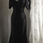 Black sequined off-the-shoulder halter-neck fitted long ball gown R6814
