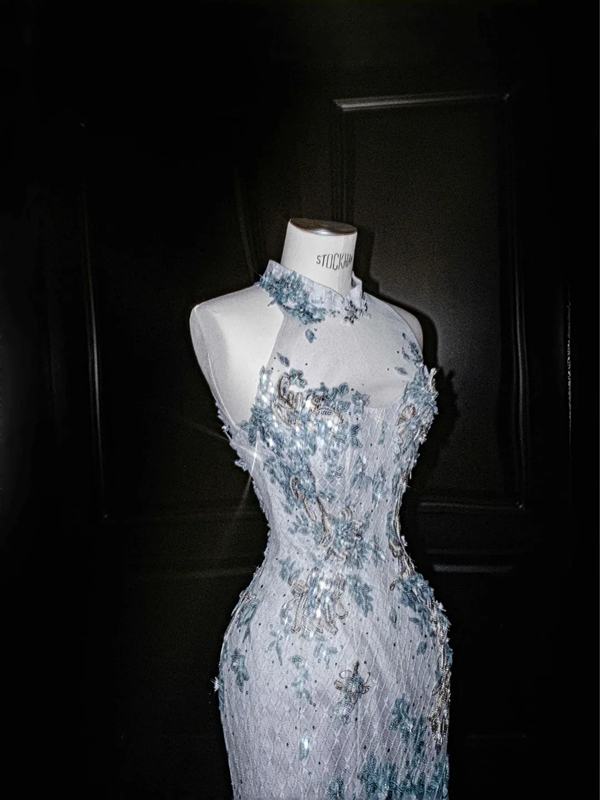 Blue sequined sleeveless slim waist hip fishtail sexy long skirt, prom dress R5660