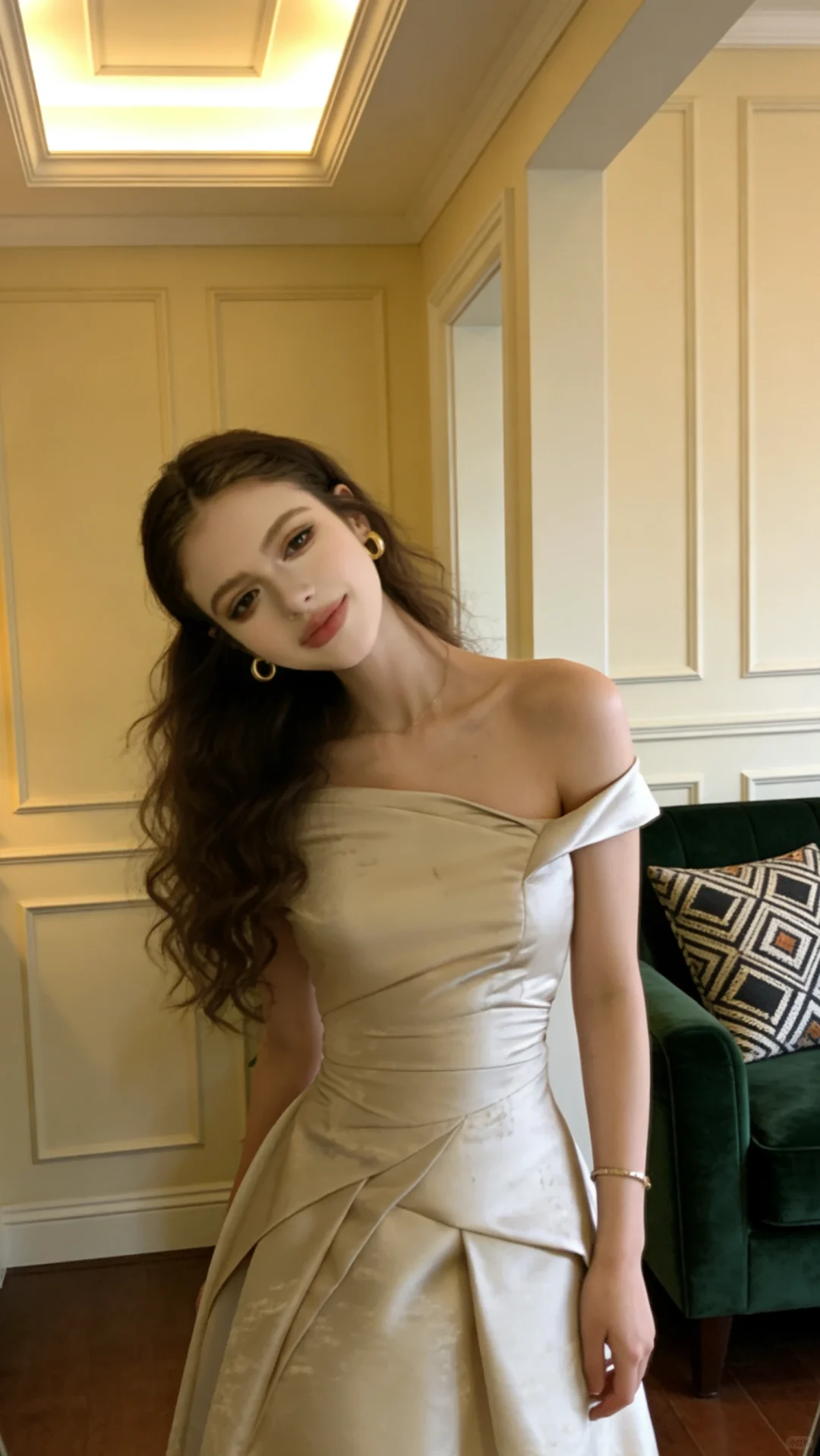 Champagne-colored off-the-shoulder fitted long ball gown/bridal dress R8831