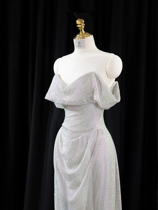 Silver off-the-shoulder halter-neck fitted long ball gown, bridal dress R8951