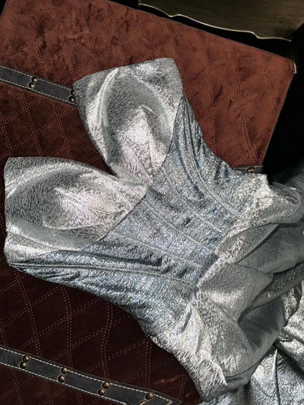 Silver strapless fitted long ball gown R7054