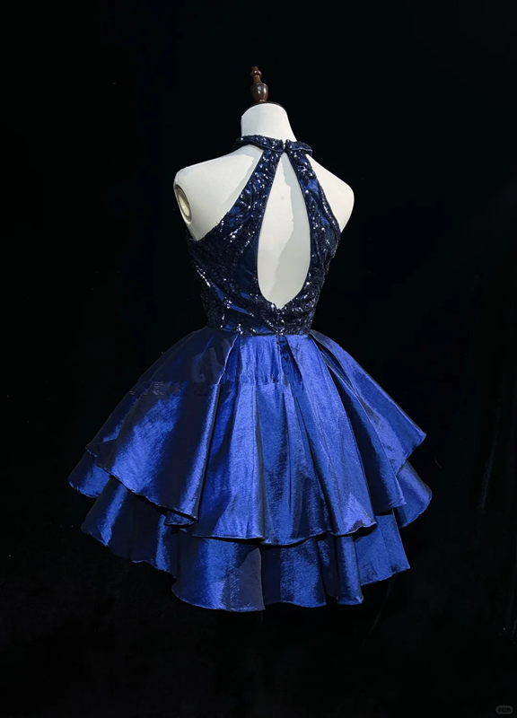 Blue halter neck waist hollow design princess skirt homecoming dress R4922