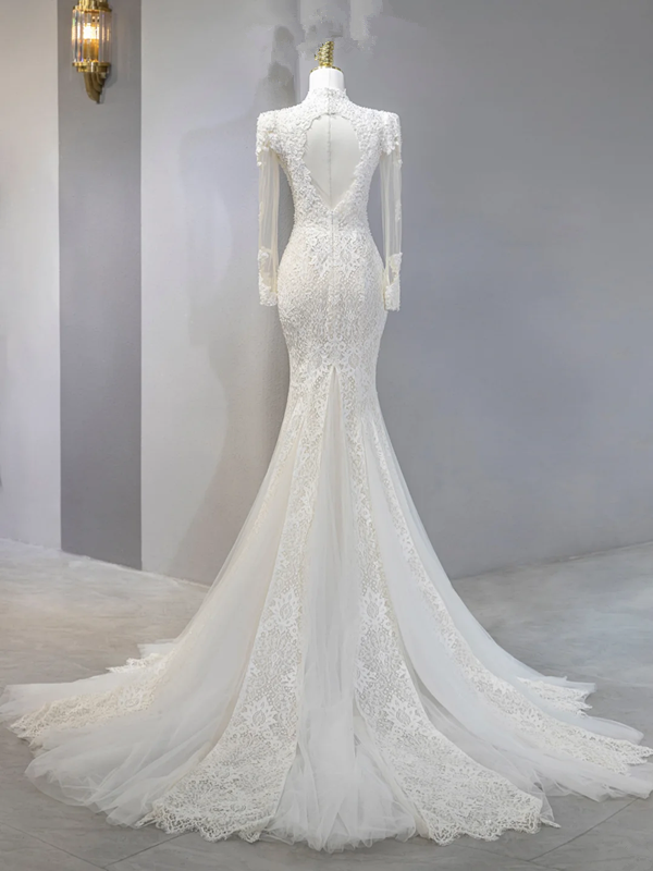 White lace round neck fitted waist sexy long ball gown/bridal dress R9041