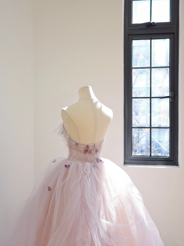 Light pink strapless, fitted waist, full skirt, long ball gown, bridal dress R8526